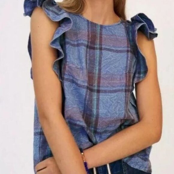 By Anthropologie Amarette Plaid Ruffled Sleeve Cotton Top Size Medium 51316 - Picture 3 of 12